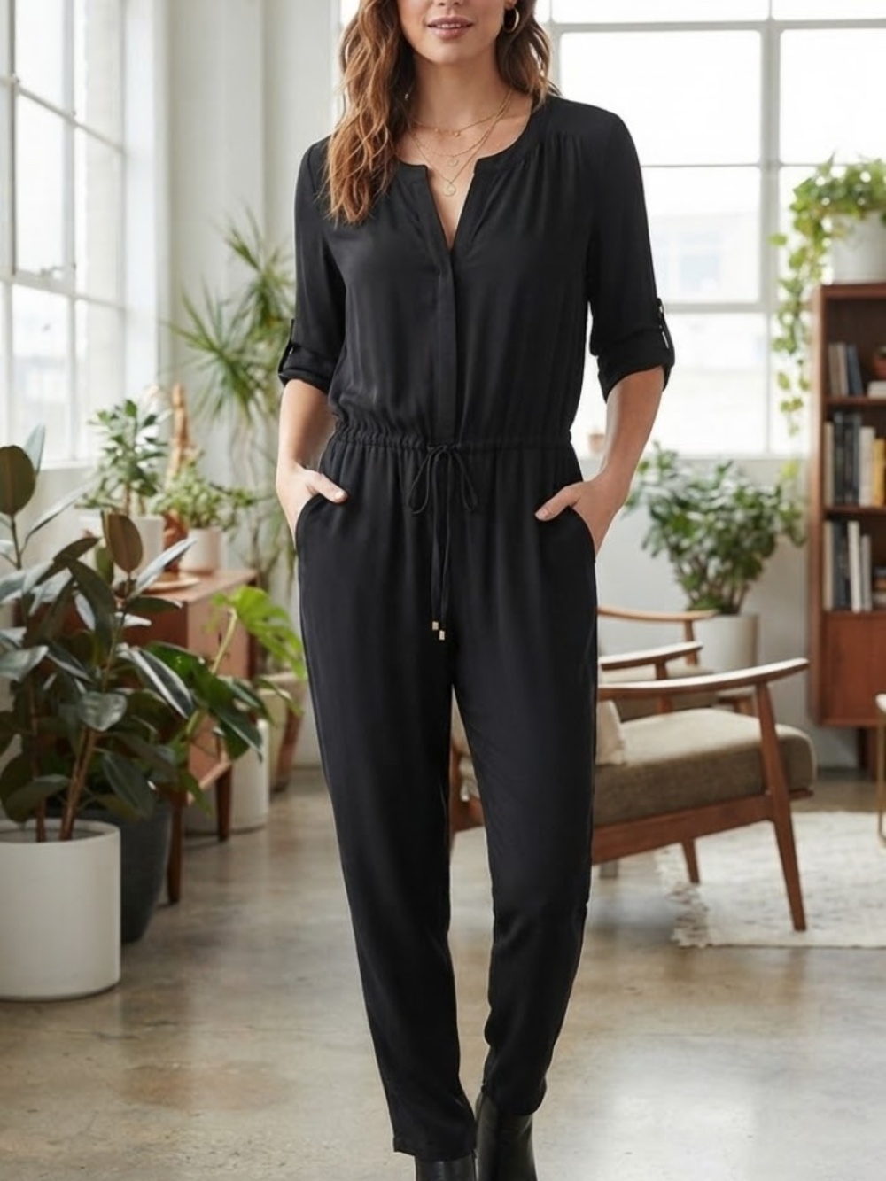 Daniel Rainn Pleated Drawstring Ruched Jumpsuit